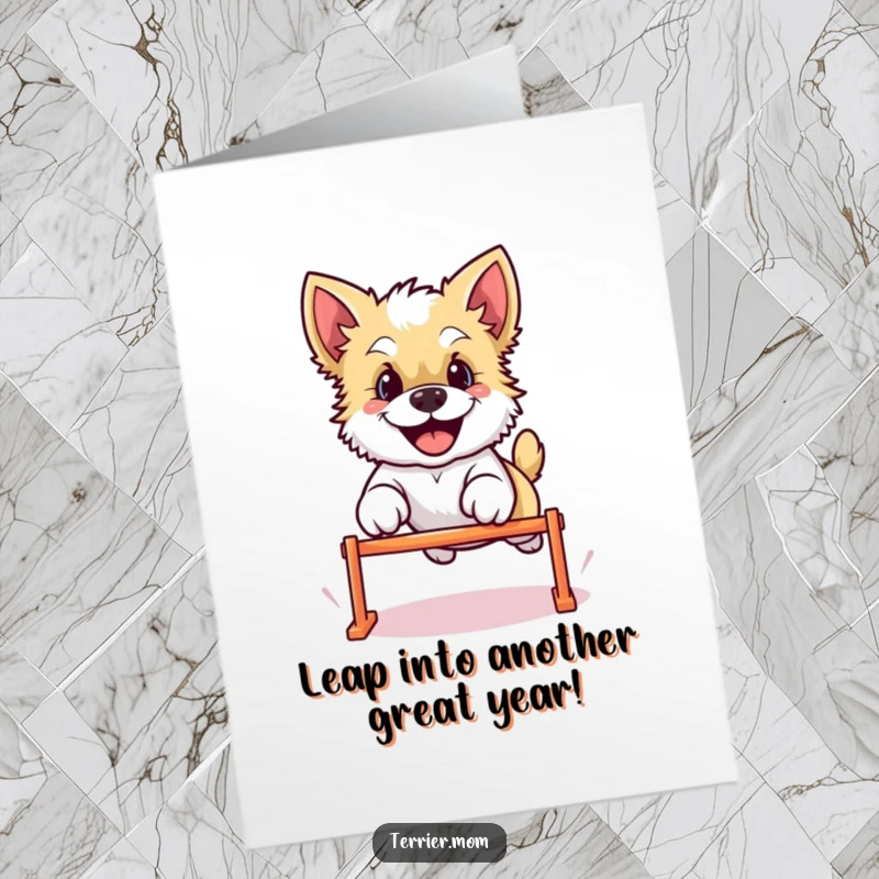 Funny Free Printable Birthday Card featuring a joyful Kawaii Terrier dog leaping over a hurdle with pure delight.