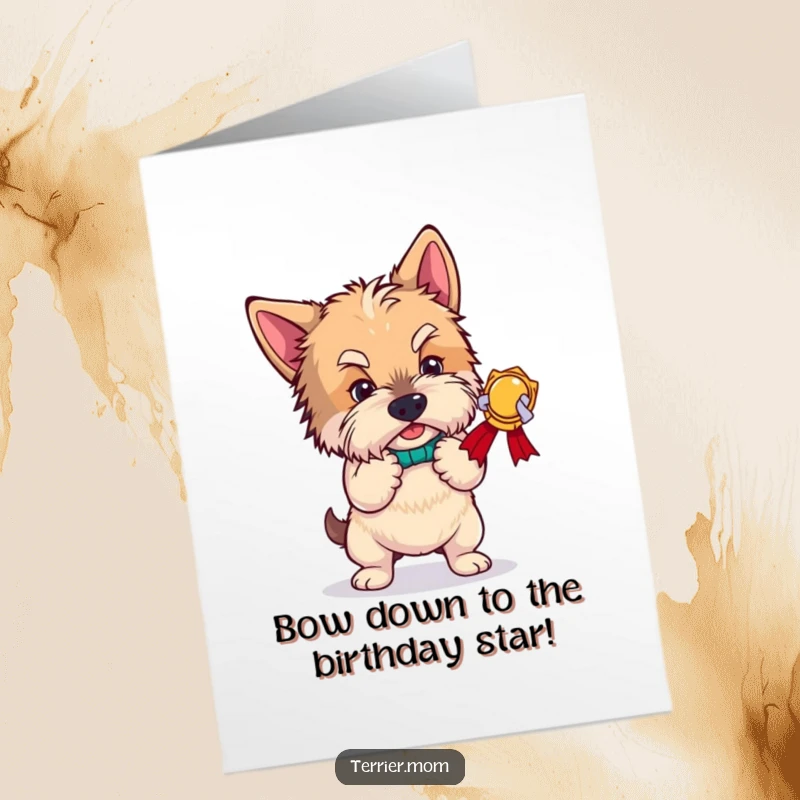 Funny Free Printable Birthday Card: Terrier dramatically bowing with an imaginary award, ready for applause
