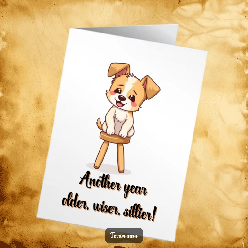 Funny Free Printable Birthday Card: A floppy-eared terrier giggling uncontrollably while precariously balancing on a tiny stool.