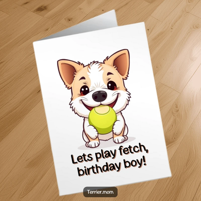 Funny Free Printable Birthday Card: Terrier with a wide grin bouncing a tennis ball with its nose