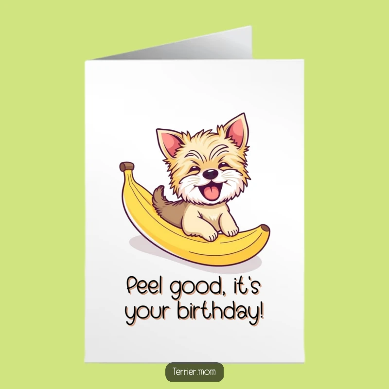 Free Printable Birthday Card: Hilarious Giggling Terrier Dog Banana Peel Slide Funny DIY Digital Gift