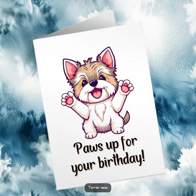 Funny Free Printable Birthday Card featuring a Kawaii Terrier dog with paws raised, triumphantly shouting hooray!
