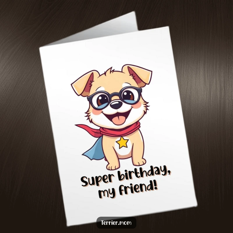 Funny Free Printable Birthday Card: A grinning terrier sporting a superhero cape, ready for adventure.