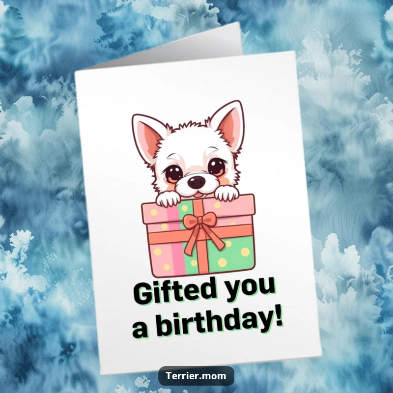 Funny Free Printable Birthday Card featuring a kawaii terrier peeking adorably out of a brightly colored gift box.
