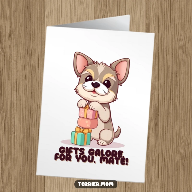 Funny Free Printable Birthday Card: A determined terrier precariously balances a tall stack of small, round gift boxes.