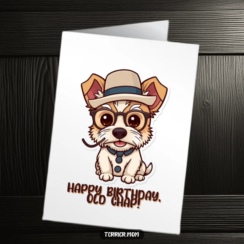 Funny Free Printable Birthday Card: A dapper terrier wearing a monocle and top hat, looking distinguished.