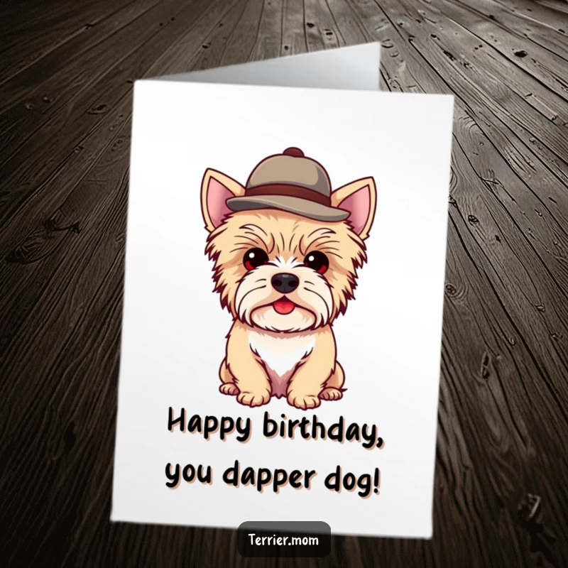 Funny Free Printable Birthday Card: Kawaii Terrier dog looking charmingly dapper in a small, jaunty hat.