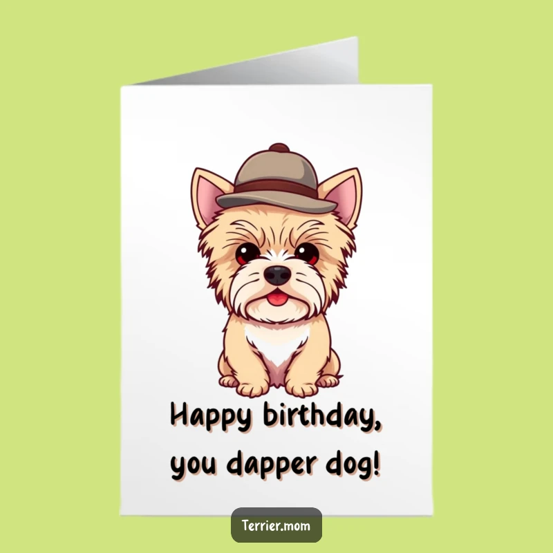 Free Printable Birthday Card: Dapper Kawaii Terrier Dog Hat for a Fun Downloadable Gift