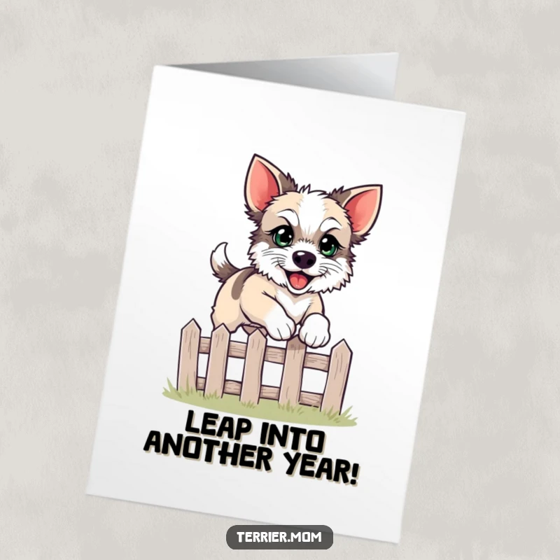 Funny Free Printable Birthday Card: Bright-eyed terrier happily leaping with enthusiasm over a small fence.