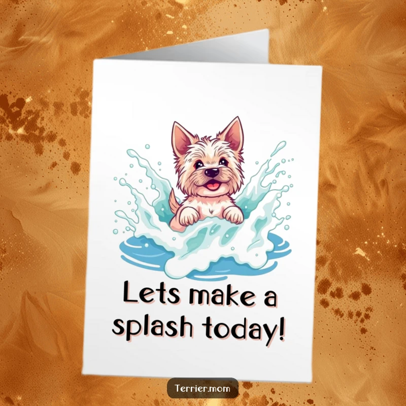 Funny Free Printable Birthday Card: A happy terrier joyfully splashes amidst vibrant foam in a foamy ocean wave.