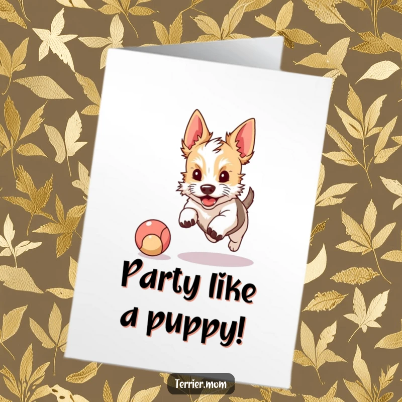 Funny Free Printable Birthday Card: A kawaii terrier with perky ears joyfully chases a red bouncing ball with excitement.