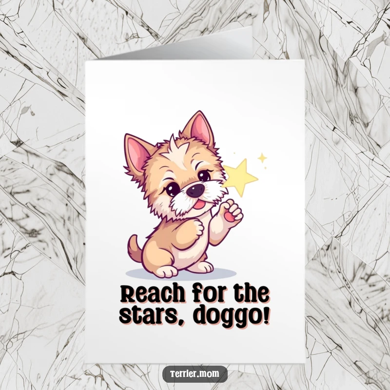Funny free printable birthday card: A curious Terrier dog gently pokes a bright, sparkling star with its paw.