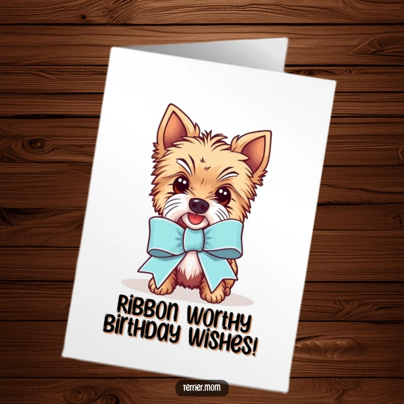 Funny Free Printable Birthday Card showing a Kawaii Terrier dog proudly wearing an oversized, comically large celebratory ribbon.