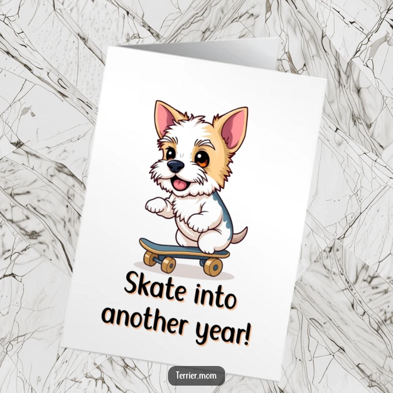 Funny Free Printable Birthday Card: A terrier with a mischievous grin cruising on a small skateboard, ready to party.