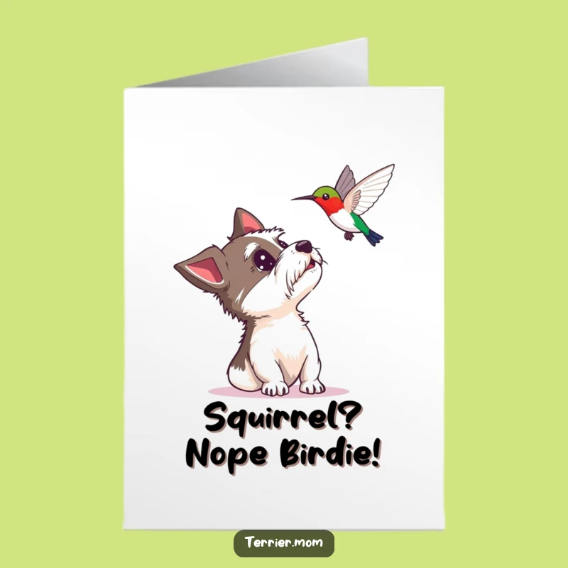 Free Printable Birthday Card: Surprised Terrier & Hummingbird Funny Downloadable Gift