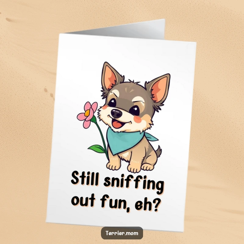 Funny free printable birthday card of a happy terrier dog wearing a bandana, joyfully sniffing a colorful blooming flower.