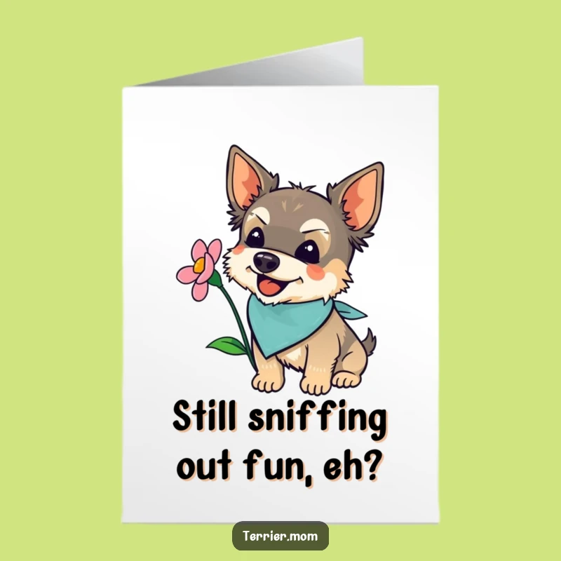 Free Printable Birthday Card: Funny Terrier Sniffing Flower, Hilarious Doggy Downloadable Gift
