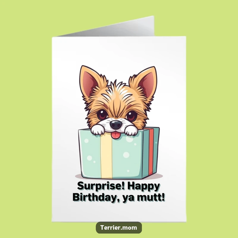 Free Printable Birthday Card: Mischievous Terrier Dog Gift Box, Funny Downloadable
