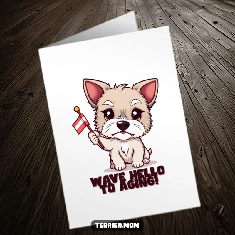 Funny Free Printable Birthday Card: A proud terrier holding a small flag and confidently waving it, celebrating.