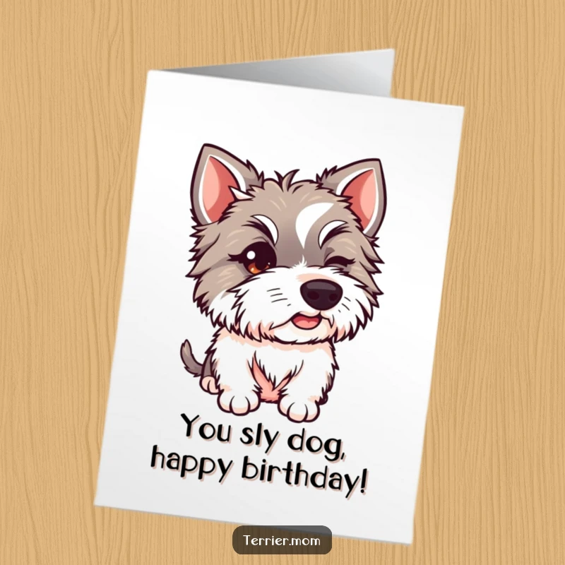 Funny Free Printable Birthday Card: A Terrier dog with a mischievous twinkle winking playfully, sharing a cheeky birthday secret.