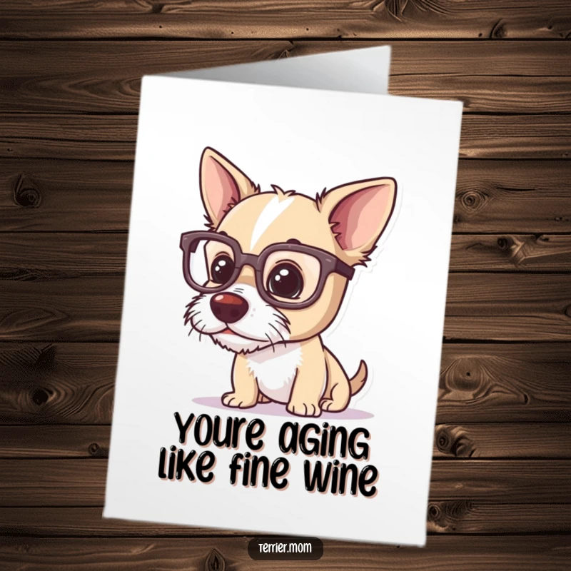 Funny Free Printable Birthday Card: Terrier wearing oversized glasses, peering intently at something small