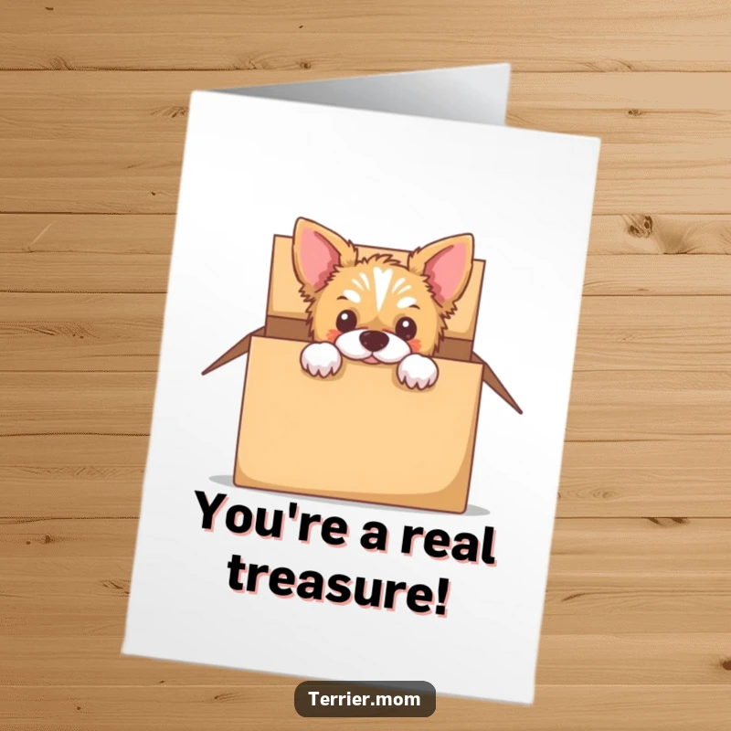 Funny Free Printable Congratulations Card: A cute terrier peeking curiously from inside an empty cardboard box.