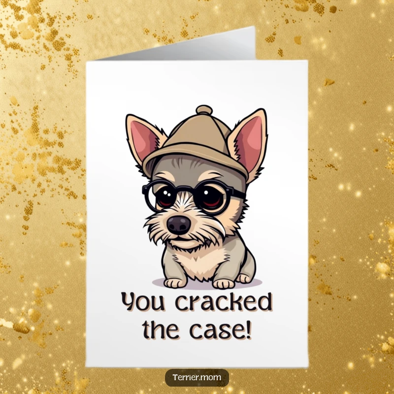 Funny free printable congratulations card: A terrier wearing a detective hat, peering intently, celebrating a solved problem.