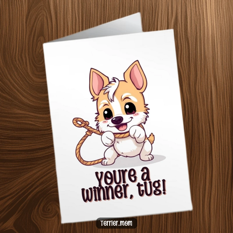 Funny Free Printable Congrats Card: A terrier with a happy, determined face intensely tugging a rope.