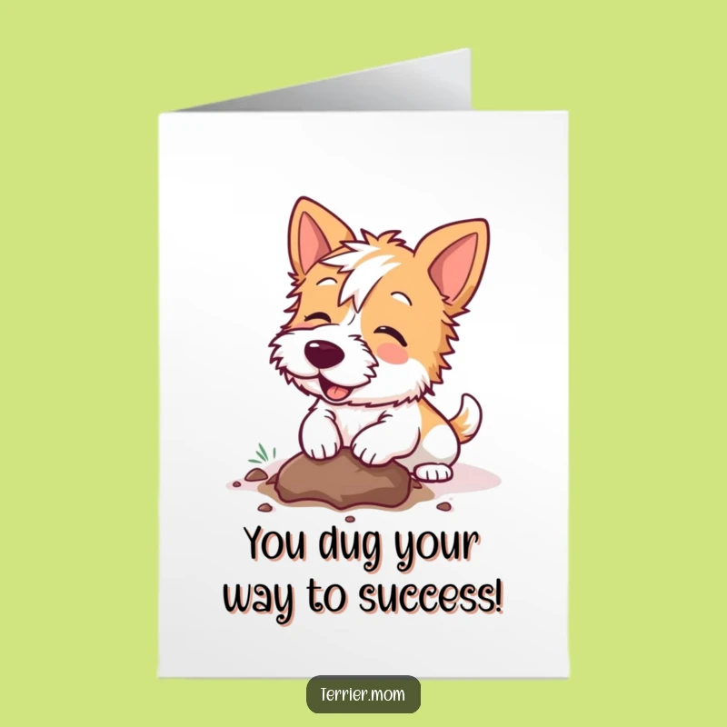 Free Printable Congrats Card: Digging Kawaii Terrier, Enthusiastic Celebration, Downloadable Gift