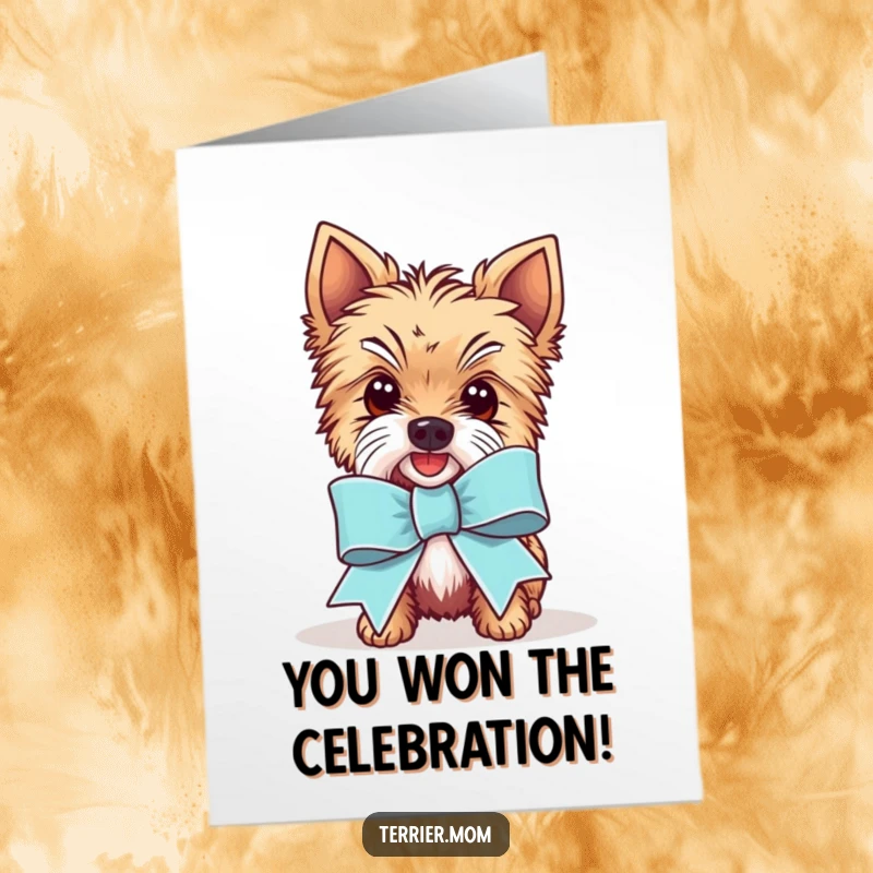 Funny Free Printable Congratulations Card of a Kawaii Terrier dog adorned with a comically massive, festive ribbon.