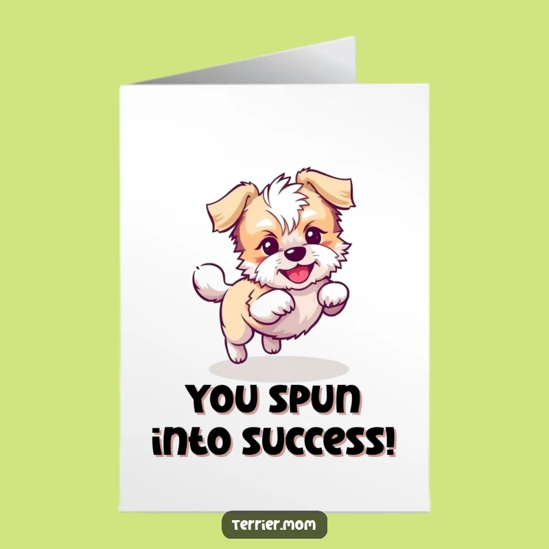 Free Printable Congrats Card: Playful Terrier Dog, Tail Chase Celebration, Downloadable Gift