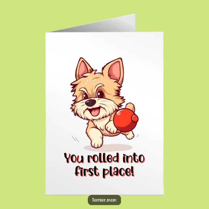 Free Printable Congrats Card: Scruffy Dog Chasing Ball, Funny Downloadable