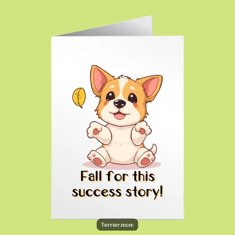 Free Printable Congrats Card: Terrier Chasing Leaf, Humorous Dog Downloadable
