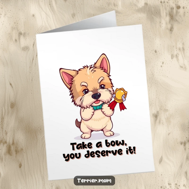 Funny Free Printable Congratulations Card: Terrier dramatically bowing after winning an imaginary award, celebrating success
