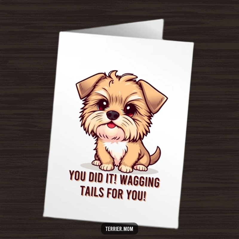 Funny Free Printable Kawaii Terrier Dog Congratulations Card with a curious head tilt, ideal for a downloadable DIY present.