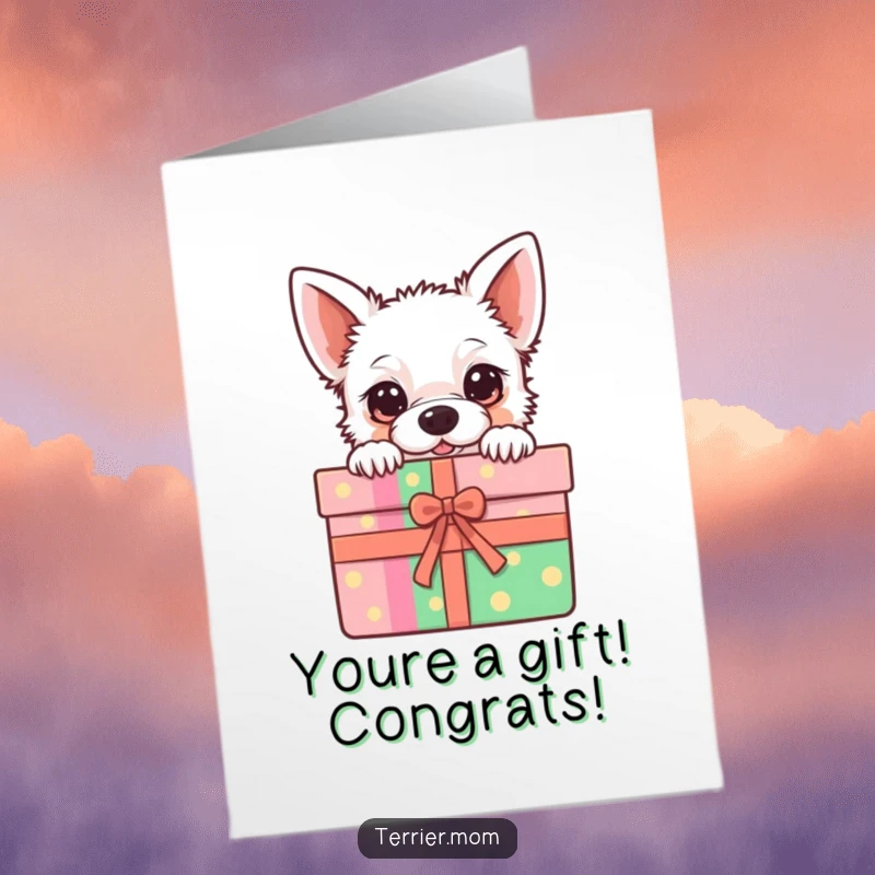 Funny Free Printable Congratulations Card showing a kawaii terrier peeking out from a vibrant, festive gift box.