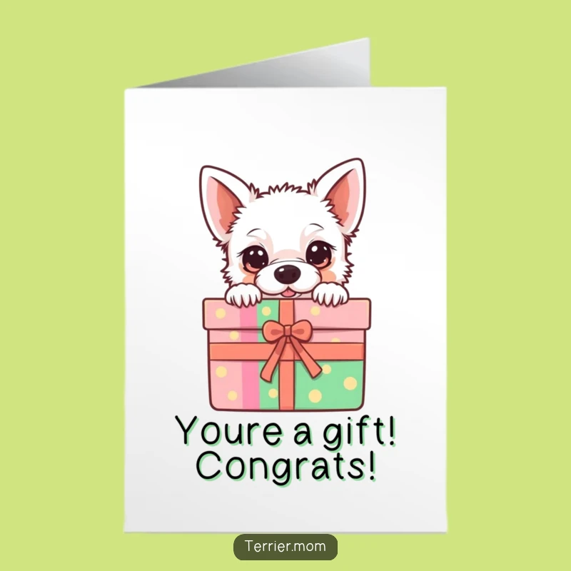 Free Printable Kawaii Terrier Congrats Card - Pup in Gift Box Downloadable