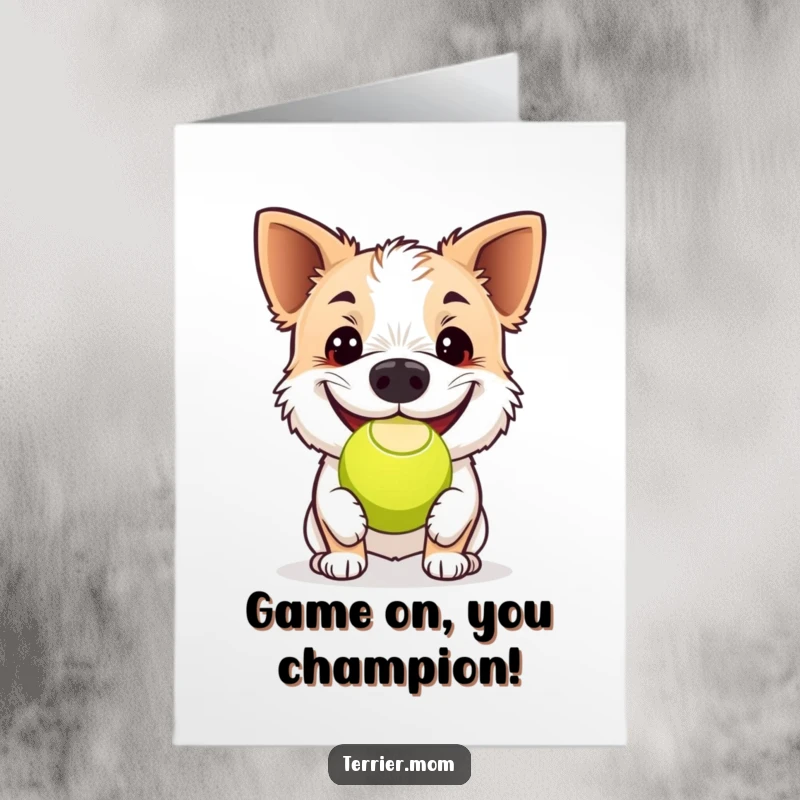 Funny Free Printable Congratulations Card: Terrier grinning widely while balancing a tennis ball on its nose