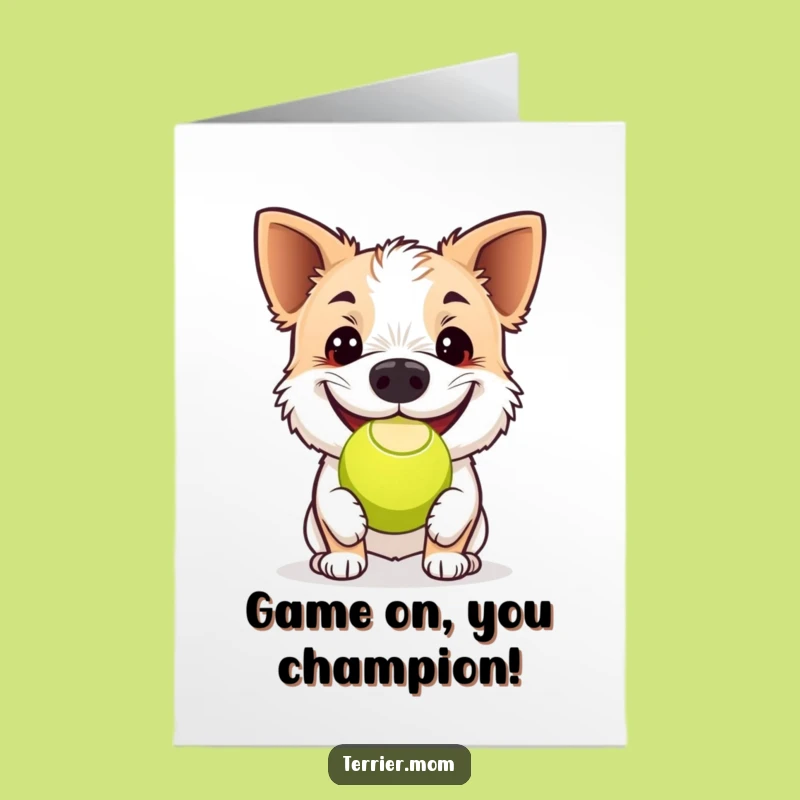 Free Printable Congrats Card: Happy Terrier with Ball, Cheerful Downloadable Gift