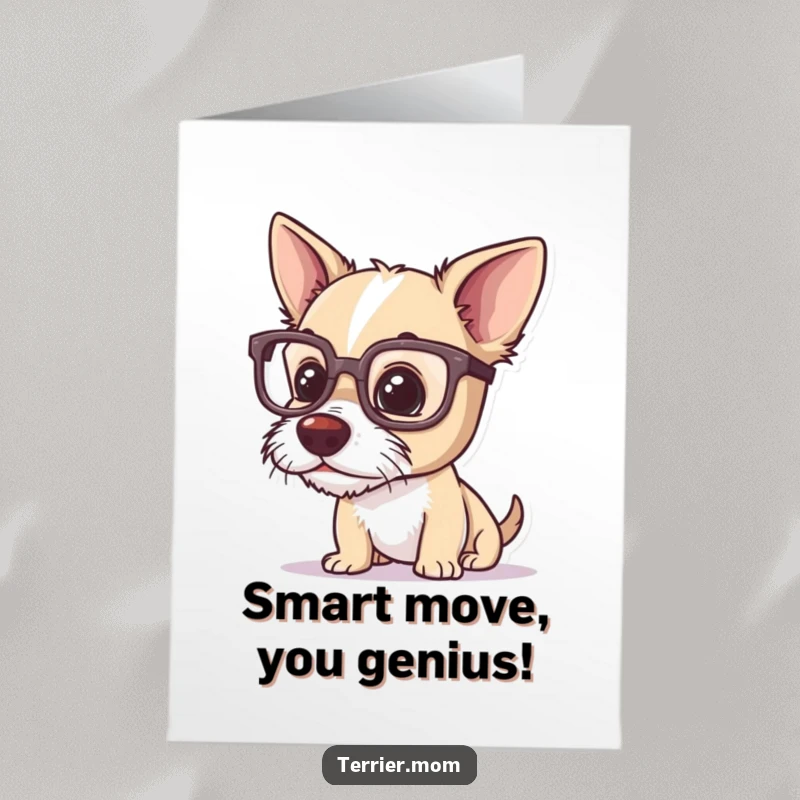 Funny Free Printable Congratulations Card: Terrier in big glasses, curiously inspecting a tiny object