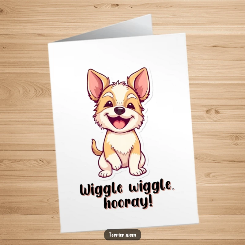 Funny Free Printable Congrats Card: A floppy-eared terrier wiggles with pure excitement, a happy downloadable gift.