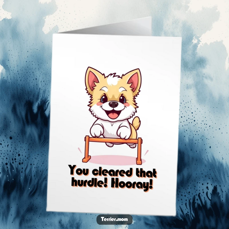 Funny Free Printable Congratulations Card showing a happy Kawaii Terrier dog energetically leaping over obstacles in celebration.