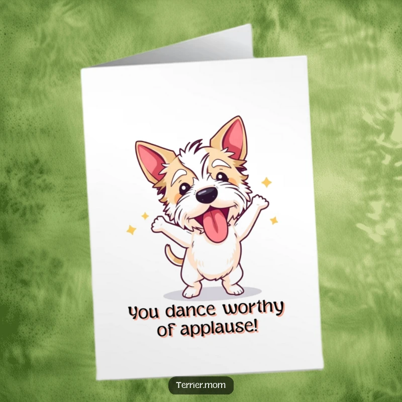 Funny Free Printable Congratulations Card: A terrier in mid-dance, tongue out, celebrating a momentous achievement.