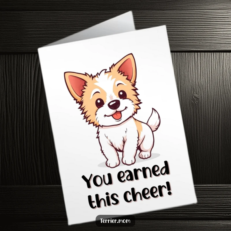 Funny Free Printable Congratulations Card: Cute terrier with perky ears, tail wagging furiously, a joyful downloadable.