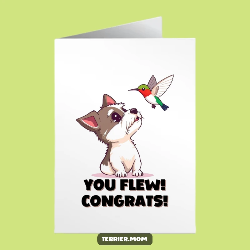 Free Printable Congrats Card: Astonished Terrier & Hummingbird Funny Downloadable Gift