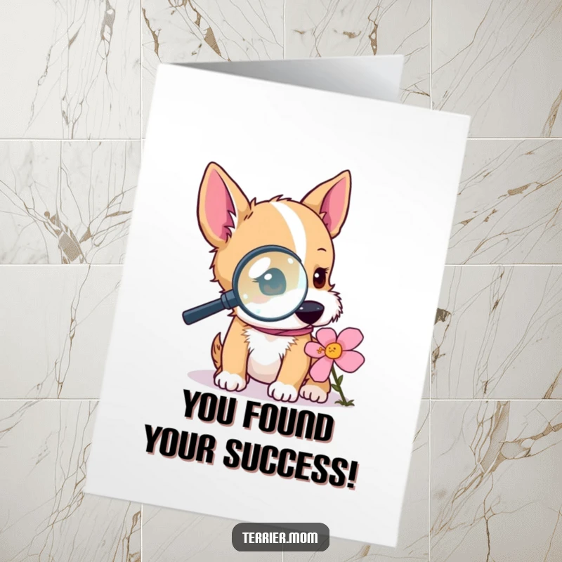 Funny Free Printable Congratulations Card showing a terrier with a magnifying glass examining a flower with great interest.
