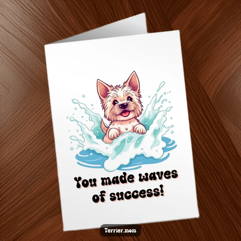 Funny Free Printable Congratulations Card: A terrier gleefully splashes and plays in a large, foamy ocean wave.