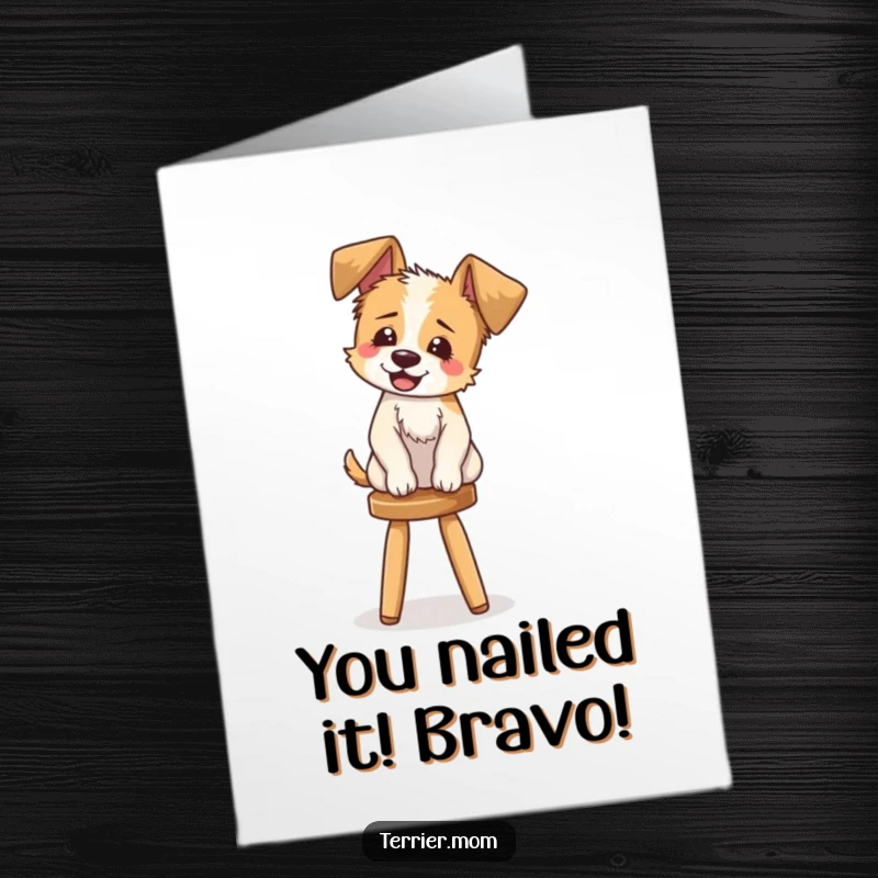 Funny Free Printable Congratulations Card: A delighted terrier with floppy ears balancing on a stool and giggling with joy.