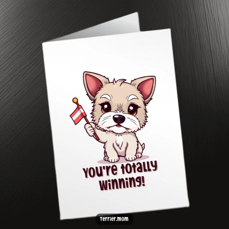 Funny Free Printable Congratulations Card: A terrier holding a small flag and proudly waving it, signifying victory.