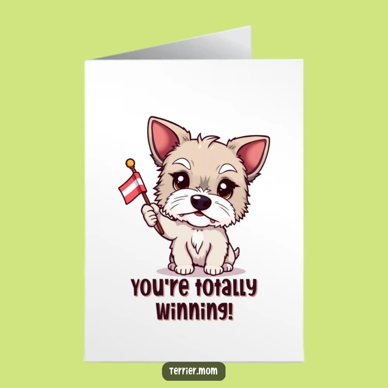 Free Printable Congrats Card: Terrier Flag Waving, Joyful Dog Achievement Card